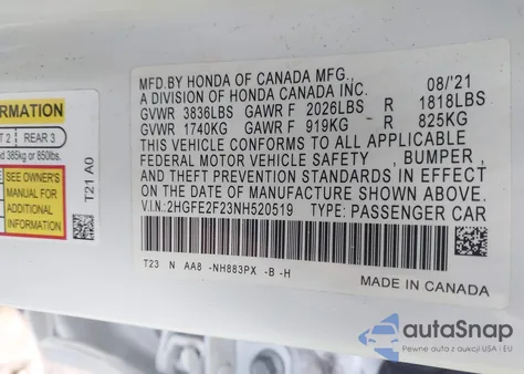 2022 Honda Civic из США, поврежденный, VIN 2HGSE2F23NH520519